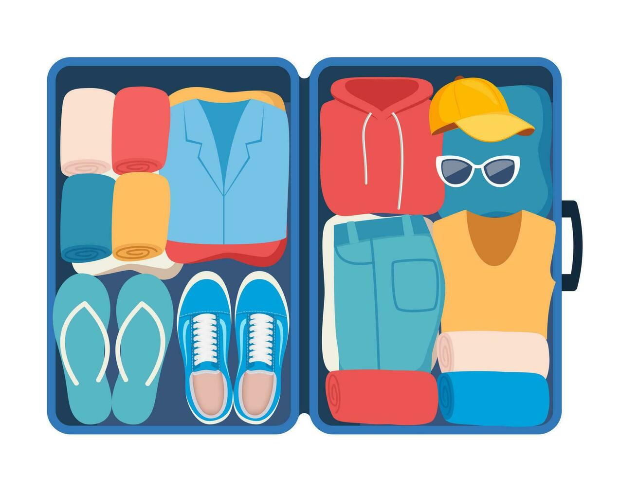Suitcase with packed clothes for travel in top view. Clothing, footwear and accessories. Personal belongings in luggage, going on vacation, journey or business trip. Vector illustration.
