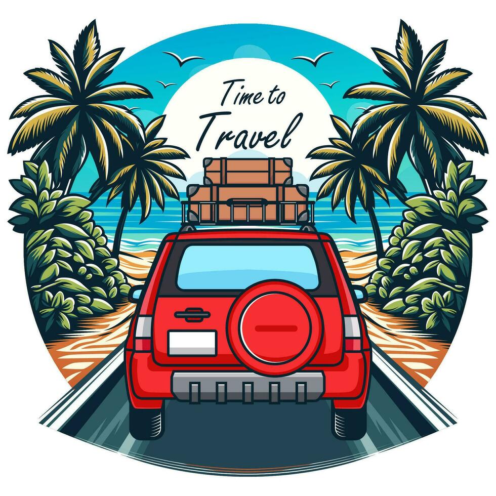 Time to Travel cartoon illustration a beach theme with moving car. Vector eps 10