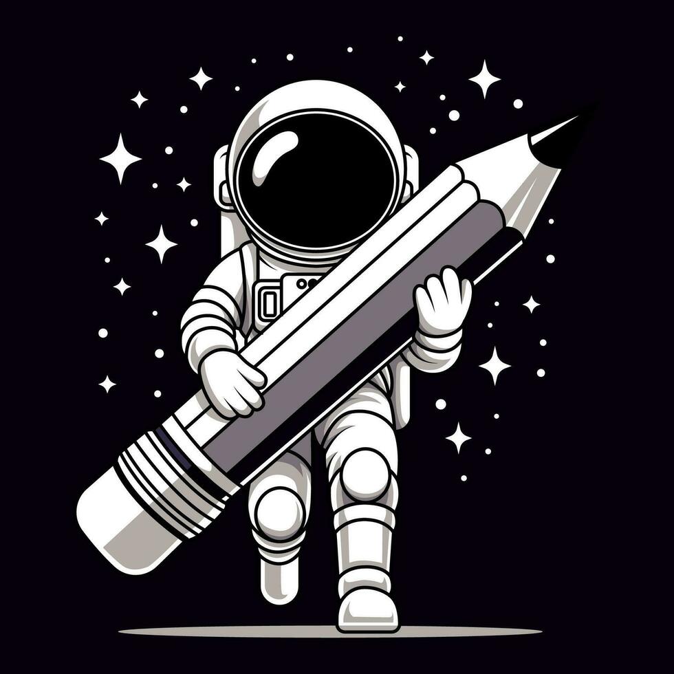 Illustration astronaut in space carrying pencil. Vector eps 10