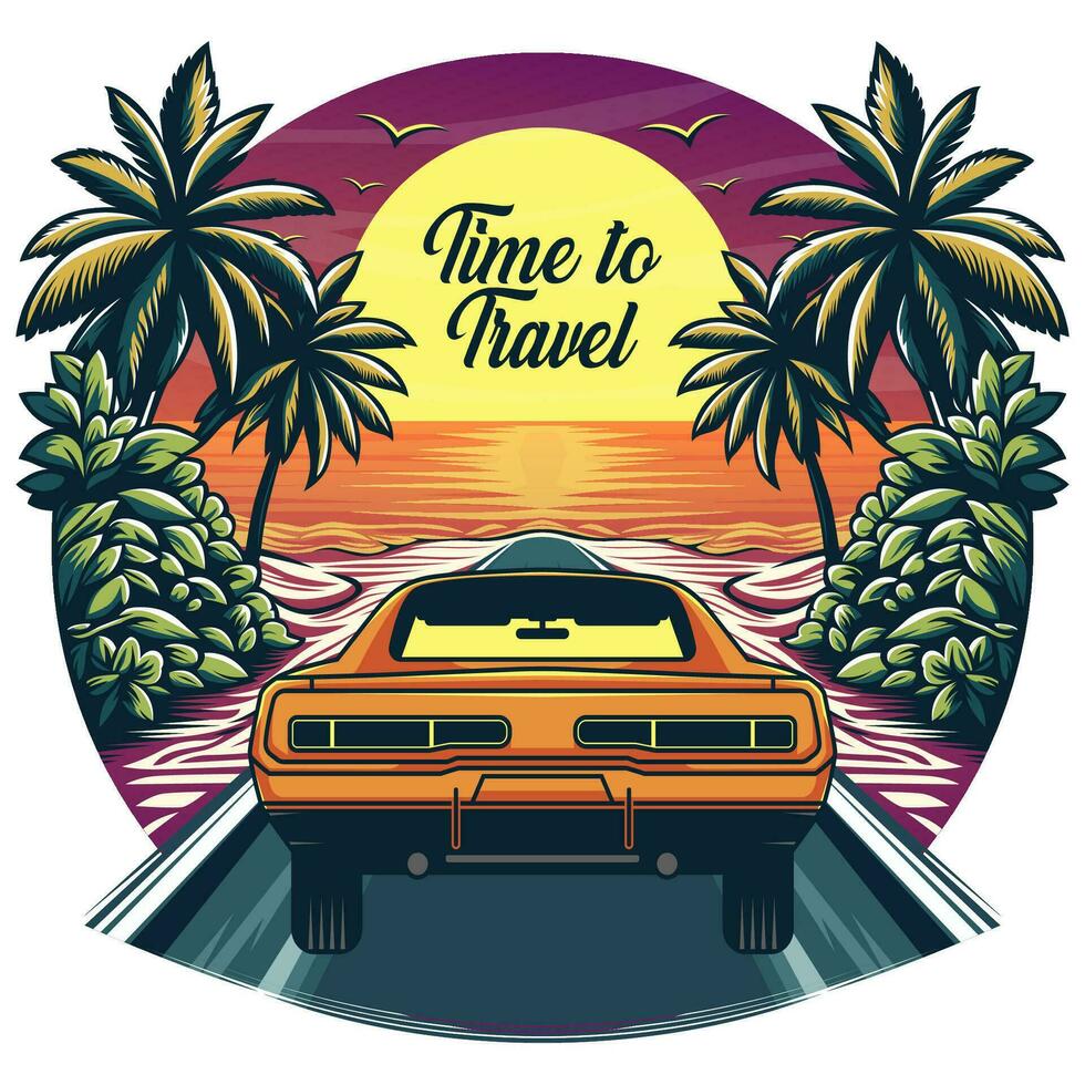 Time to Travel cartoon illustration a beach theme with moving car. Vector eps 10