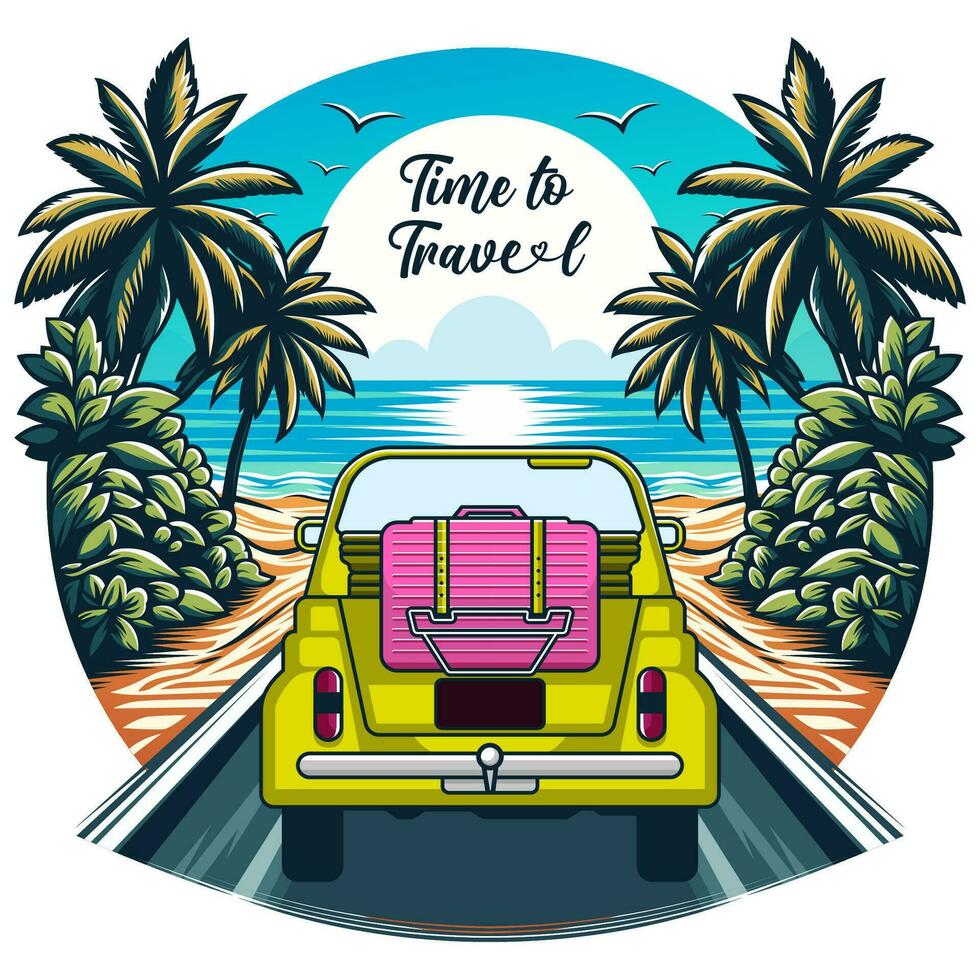 Time to Travel cartoon illustration a beach theme with moving car. Vector eps 10