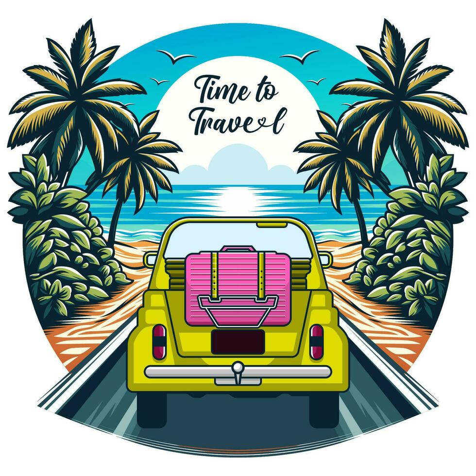 Time to Travel cartoon illustration a beach theme with moving car. Vector eps 10