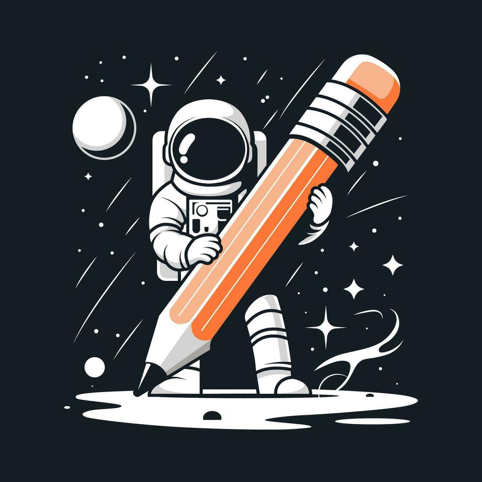 Illustration astronaut in space carrying pencil. Vector eps 10