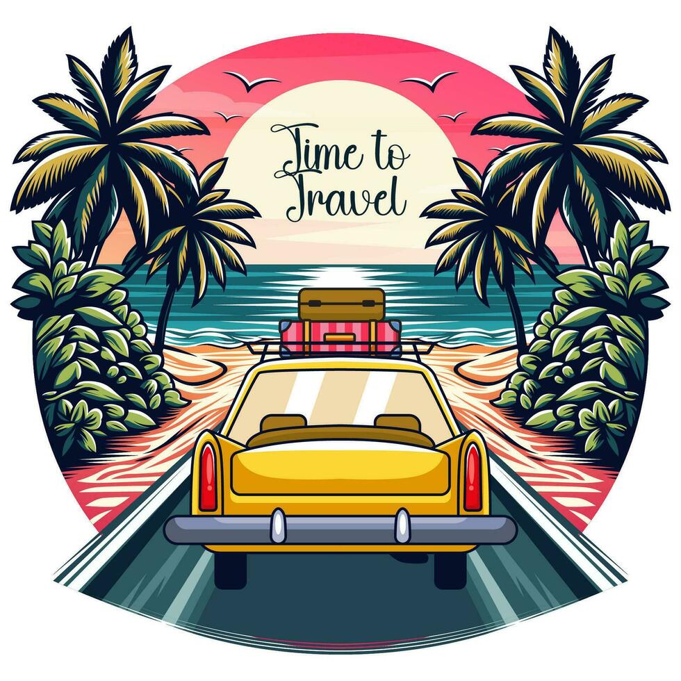 Time to Travel cartoon illustration a beach theme with moving car. Vector eps 10