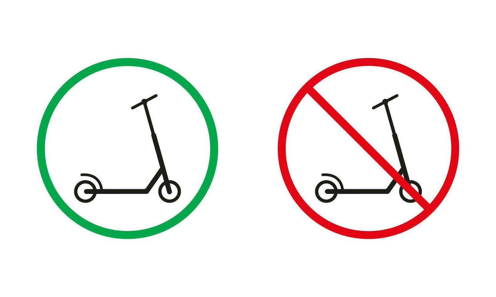 Kick Scooter Warning Sign Set. Push Scooter Allowed and Prohibit Silhouette Icons. Electric Scooter Red and Green Circle Symbol. Using Street City Eco Transport. Isolated Vector Illustration.