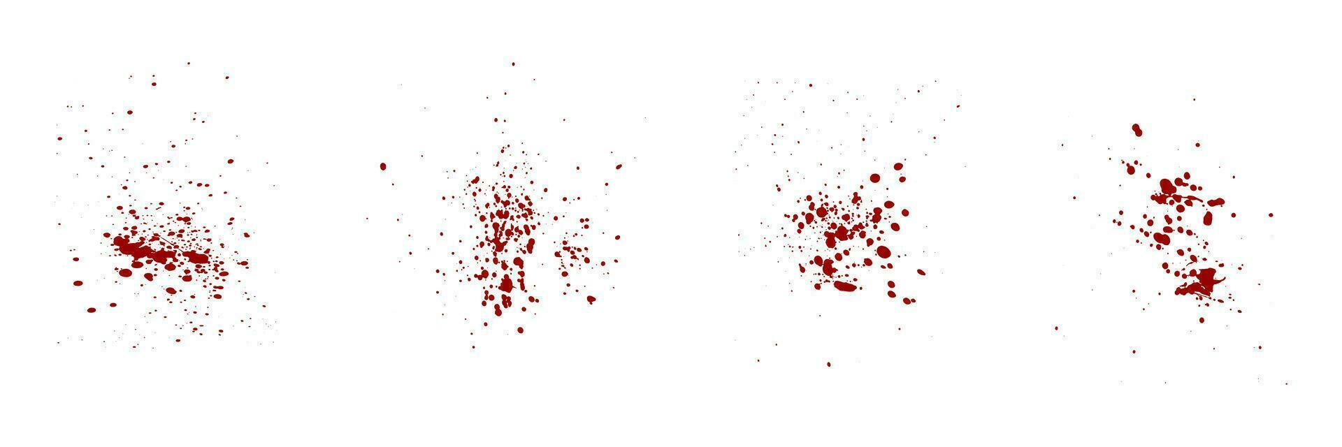 Splatter Set. Blood Stain Collection. Paint Brush Red Splat, Grunge Texture. Drop Spatter, Horror Bloodstain Splash, Ink Spray. Abstract Design on White Background. Isolated Vector Illustration.