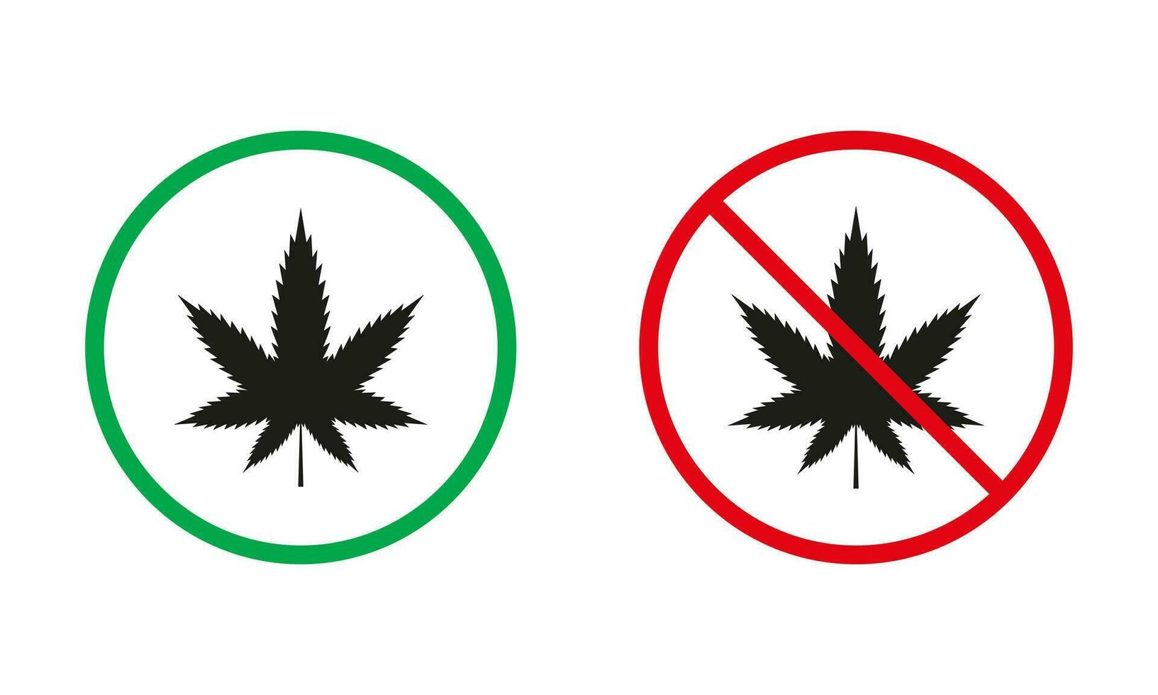 Smoke Marijuana Red and Green Warning Signs. Cannabis Silhouette Icons Set. Smoking Weed And Hemp Allowed and Prohibited Symbol. Isolated Vector Illustration.