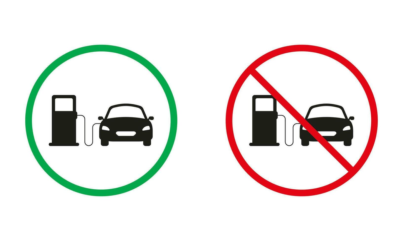 Petrol Station Red and Green Warning Signs. Gas Station Silhouette Icons Set. Gasoline Fuel Service Allowed and Prohibited Symbols. Isolated Vector Illustration.