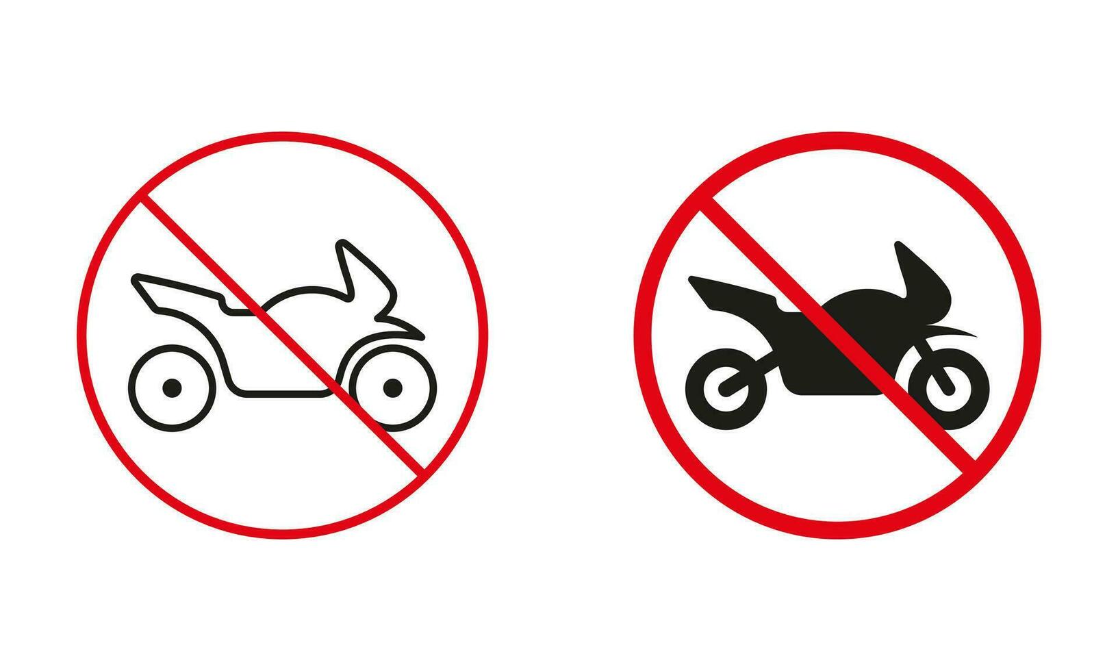 Not Motorcycle Sign. Restricted Motorbike Parking Zone. Bike Or Related Vehicles Can Not Pass Circle Symbol Set. Attention Prohibit Traffic Red Sign. Isolated Vector Illustration.