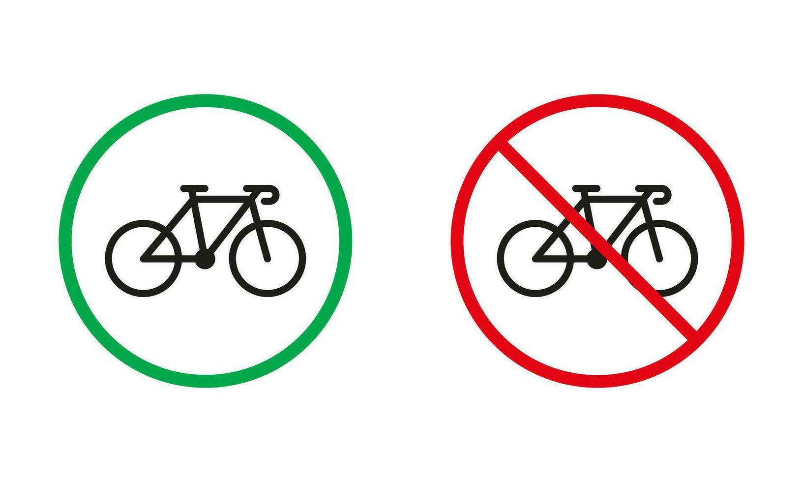 bicicleta advertencia firmar colocar. ciclismo permitido y prohibir silueta iconos conducir bicicleta rojo y verde circulo símbolo. bicicleta carrera zona. aislado vector ilustración.