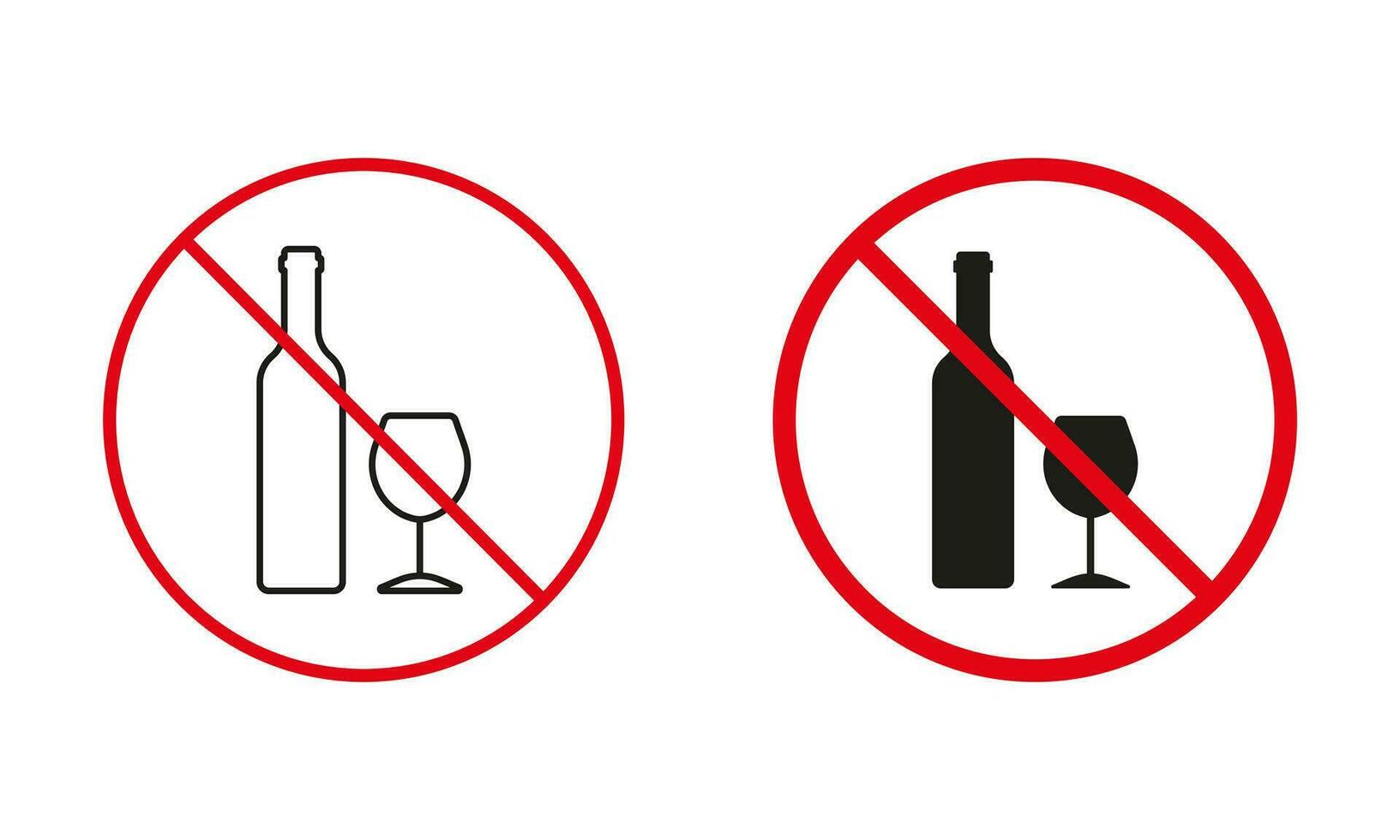 bebida alcohol zona advertencia señales. vino botella y vaso línea y silueta íconos colocar. permitido y prohibido zona para bebida alcohol pictograma. aislado vector ilustración.