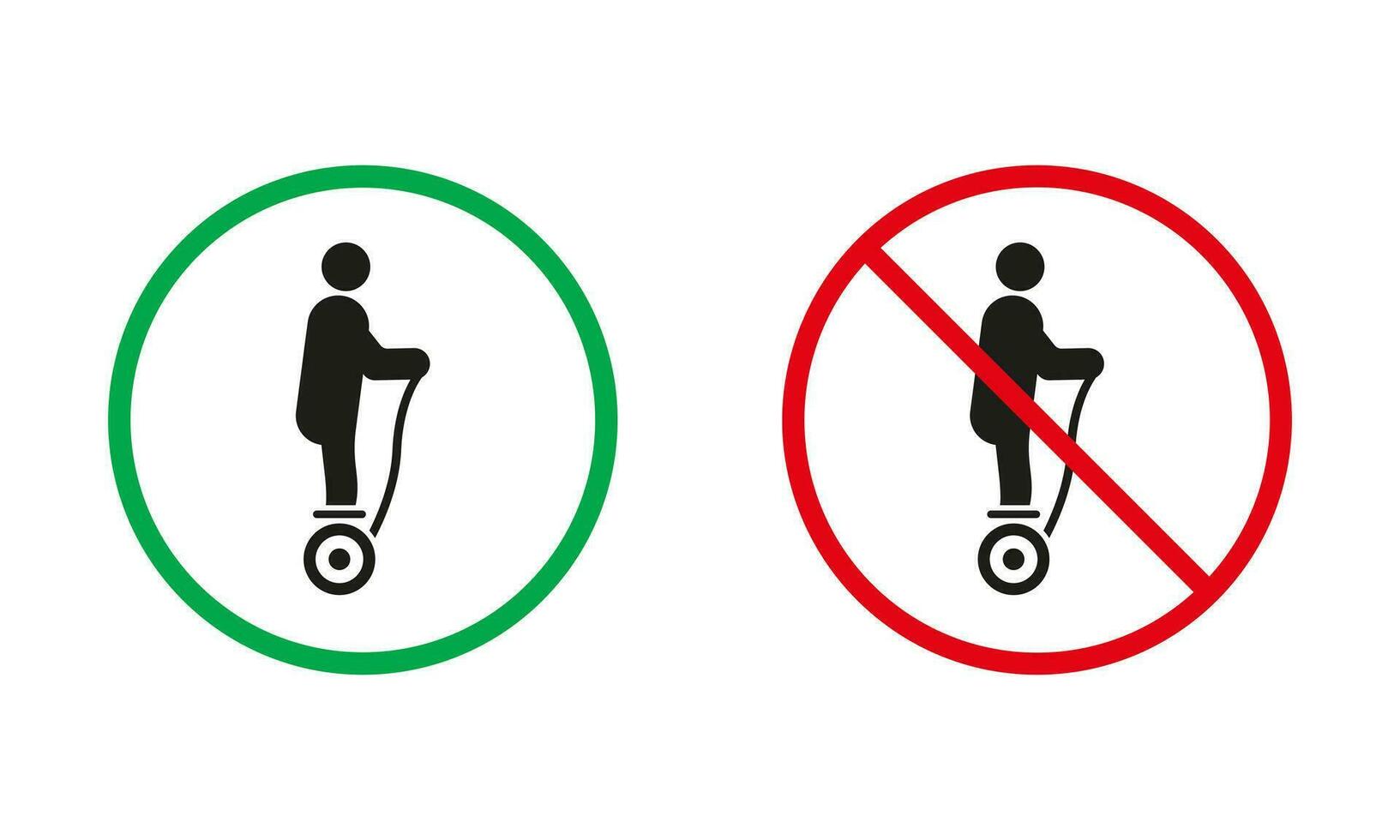 Electric Unicycle Hoverboard Gyroscooter Red and Green Signs. Gyro Scooter, Monowheel Silhouette Icons Set. Allowed and Prohibited Danger Transport Pictogram. Isolated Vector Illustration.