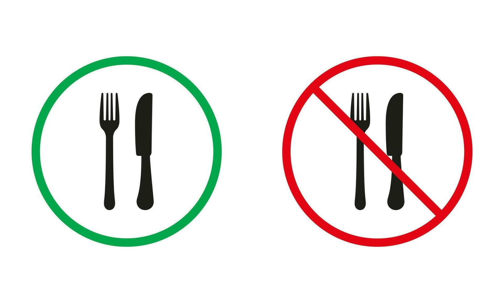No Food Allowed, Dinner Prohibited Symbols. Knife and Fork Warning Signs. Eating In Restaurant Silhouette Icons Set. Isolated Vector Illustration.