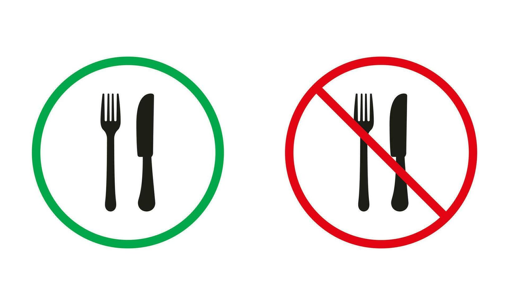 No comida permitido, cena prohibido simbolos cuchillo y tenedor advertencia señales. comiendo en restaurante silueta íconos colocar. aislado vector ilustración.