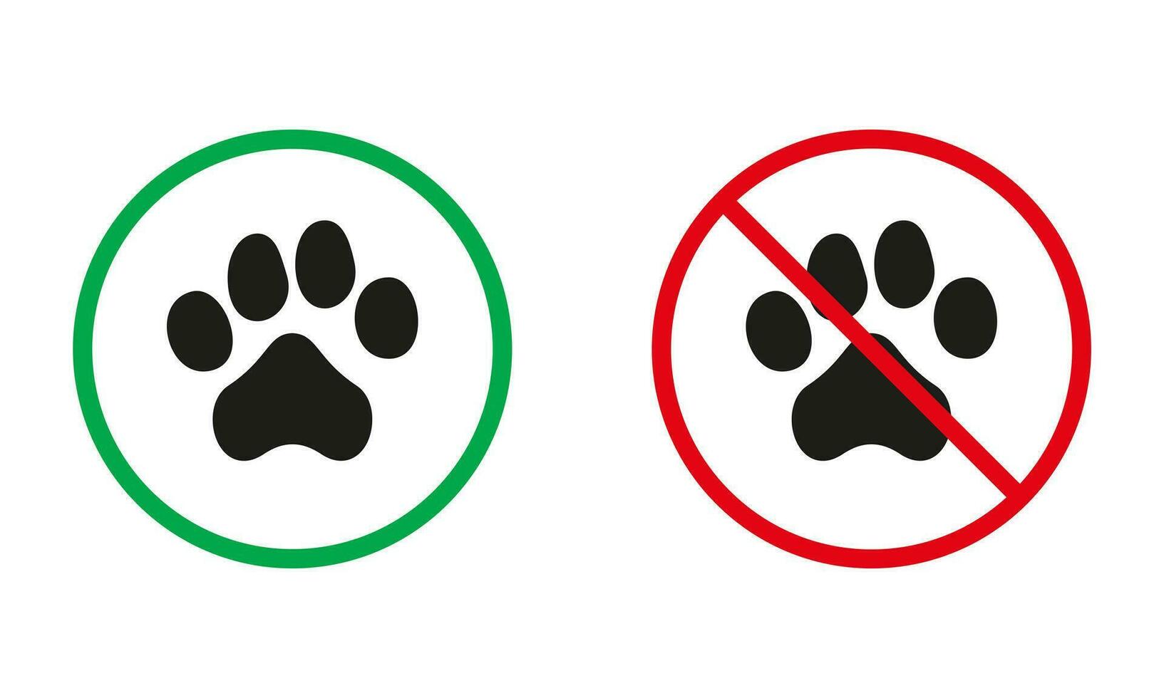 mascota advertencia signo. entrada con animales silueta íconos colocar. caminando con perro permitido, pata huella prohibido símbolo. aislado vector ilustración.