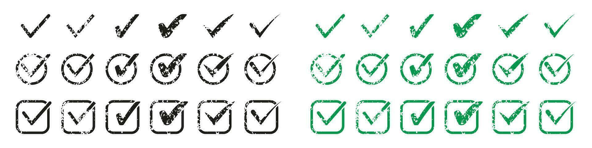 Check Mark Icon Set. Tick Black and Green Symbol Collection. Checkmark Rubber Stamp. Ok Pictogram. Right Choice Checkbox, Accept Grunge Sign. Confirm, Correct Icons. Isolated Vector Illustration.