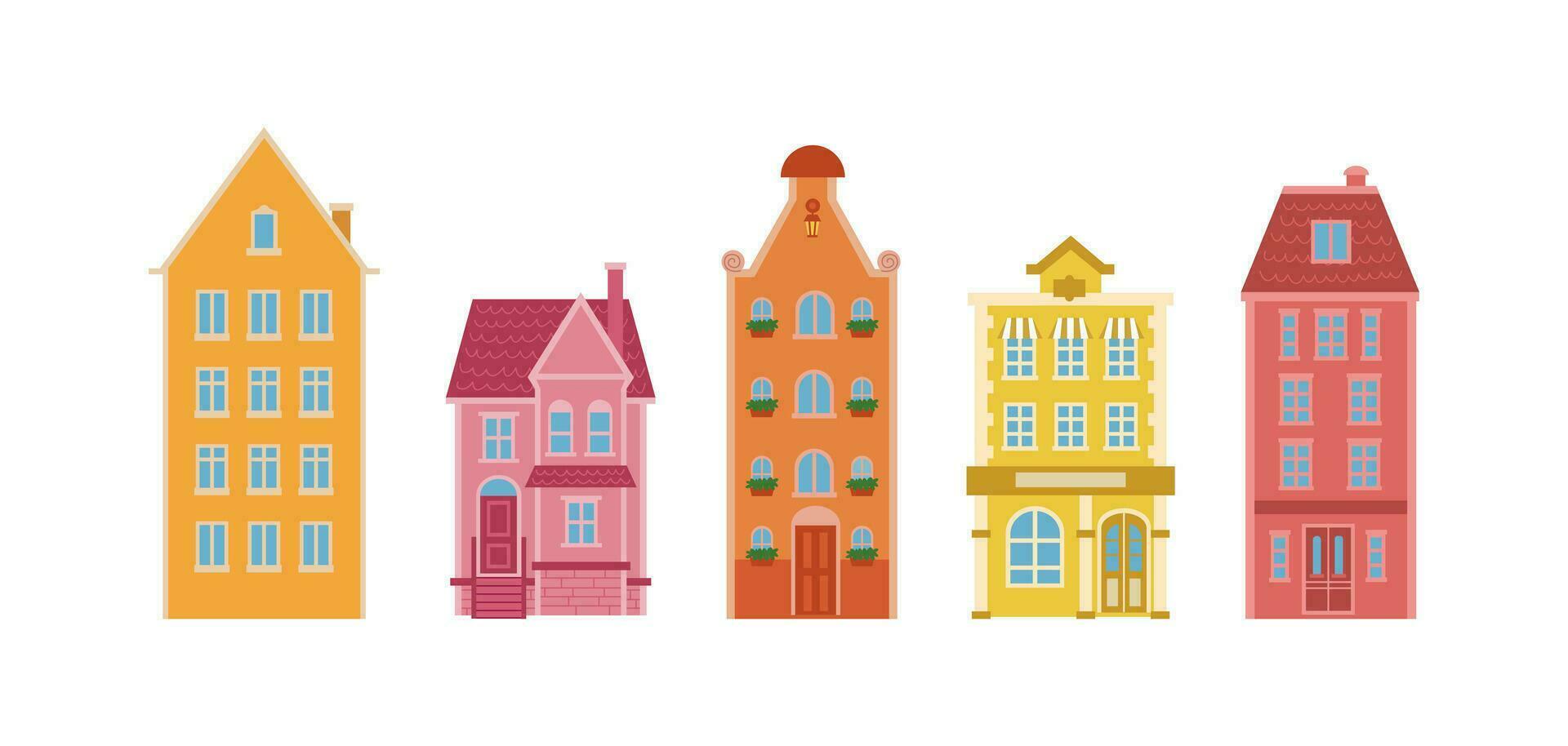 Various Scandinavian Small and tiny houses. White walls, black windows. Colorful roofs. Different facades. Nordic style. Hand drawn Vector set. Every building is isolated. European town in flat style