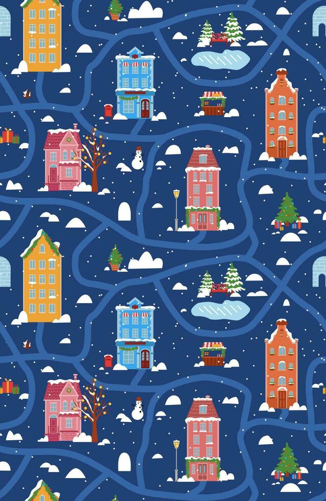 Seamless Scandinavian town pattern. Endless background with cute small houses, trees. Repeating print of sweet homes in Nordic Scandi style. Repeatable texture. Colored flat vector illustration