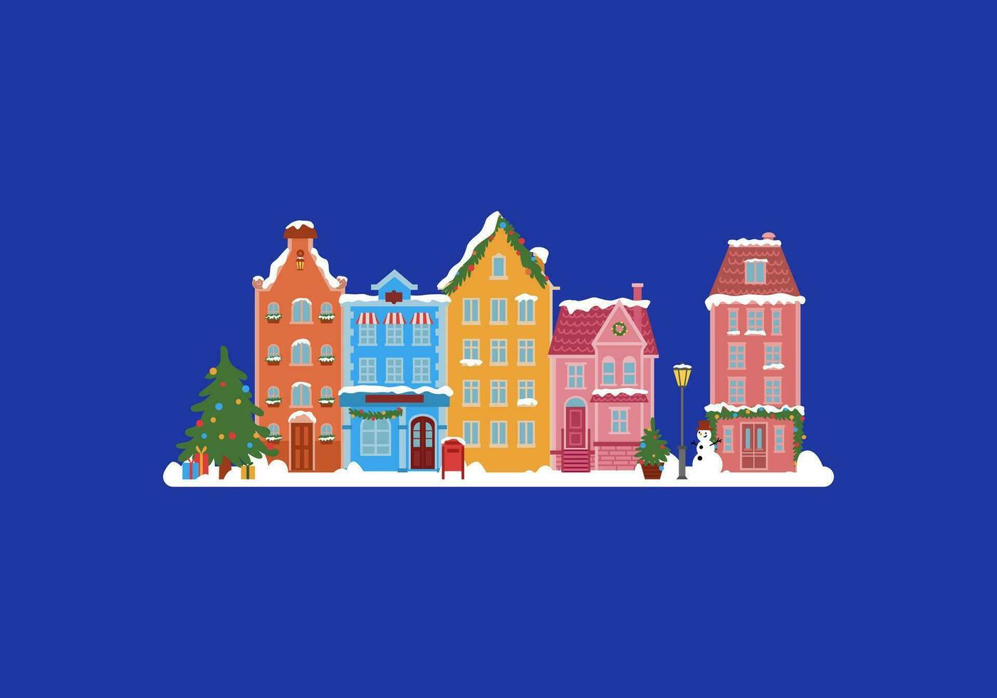 Scandinavian houses vector flat illustration. New Year and Merry Christmas invitation. Winter season home decoration. Nordic architecture with snow. Cartoon European city. Card's design for holiday