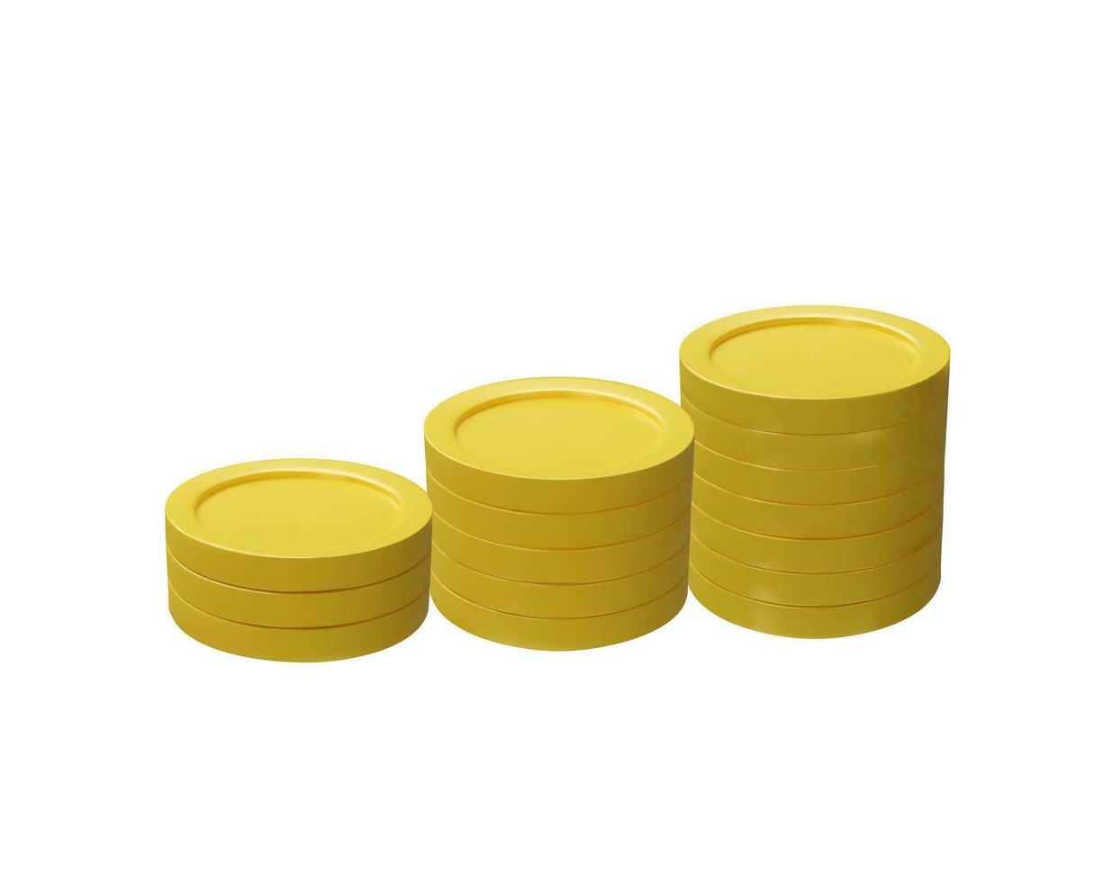 3D render rising golden coin stacks. Golden metal symbol of profit and investment. Financial composition of success for banking, economy. Business wealth. Realistic gold pile vector illustration.