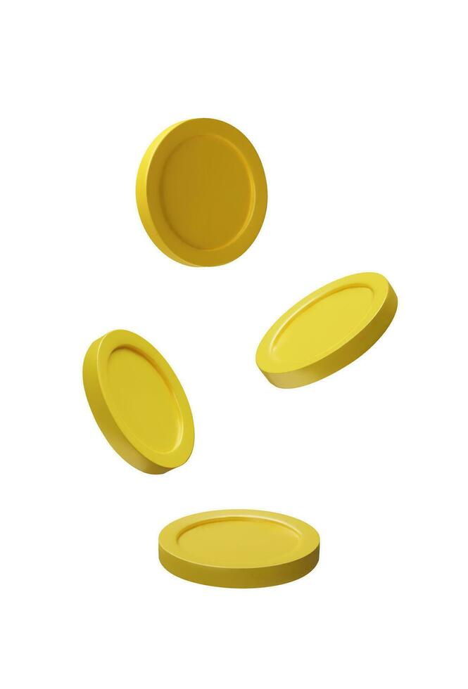 3D render golden flying coins. Gold metal money for business, economy, banking, casino. Vector illustration of wealth. Realistic investment in cartoon clay style. Cash symbol set for reward