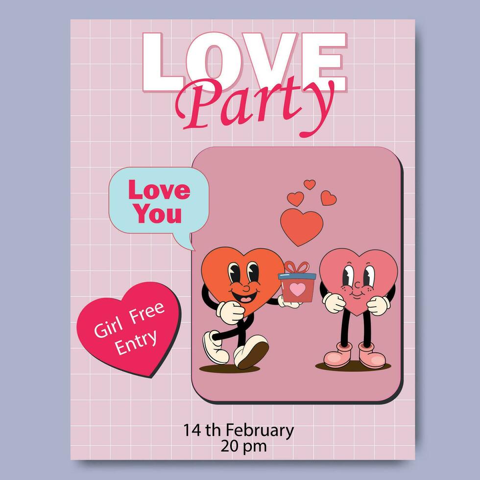 Groovy lovely Valentines Day party invitation. Happy Valentines Day. Funky background in trendy retro 60s 70s cartoon style vector