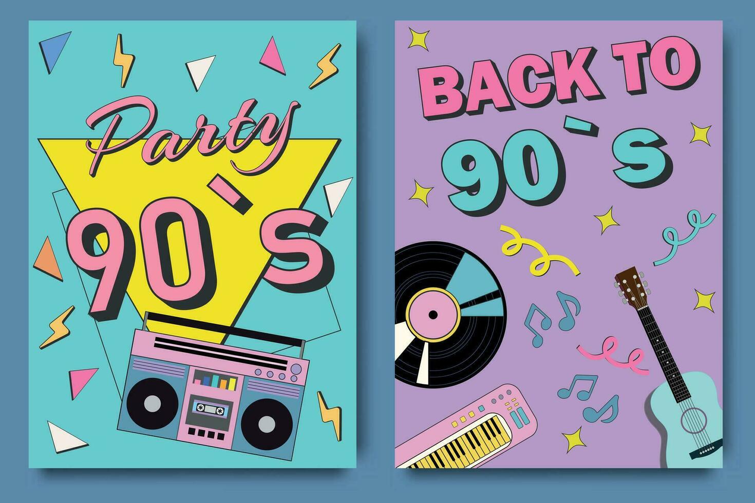 Party 90s banner. 90's graphic design template. Poster templates with happy nineties symbols, neo brutalism, gamepad and devices, headphones and other retro pop culture signs vector