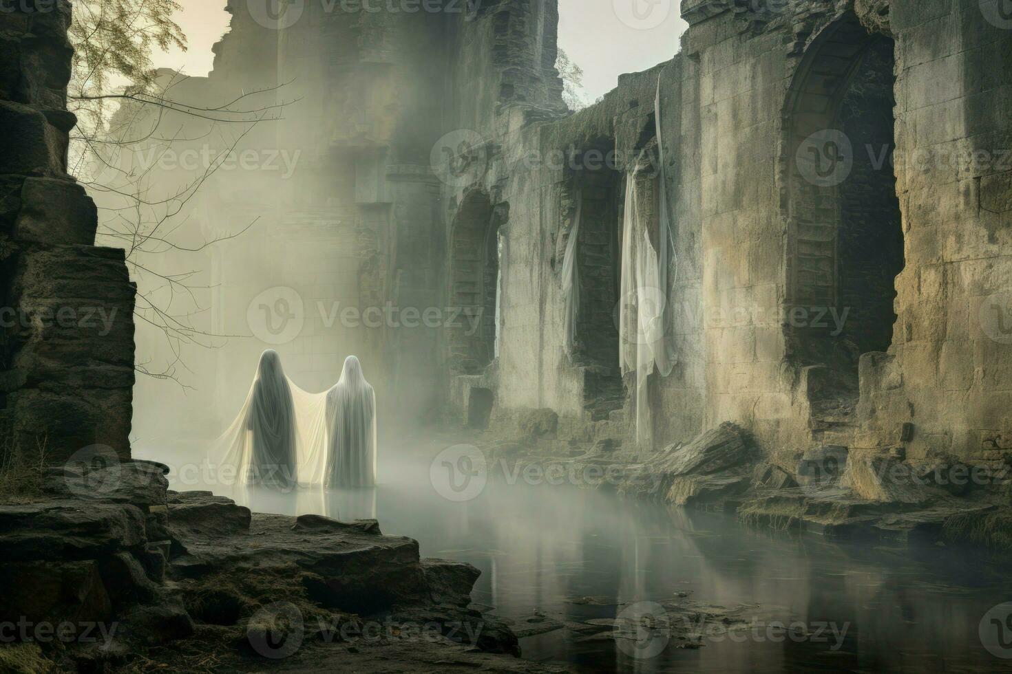 AI generated Ghostly apparitions haunting ancient ruins and crumbling castles - Generative AI photo