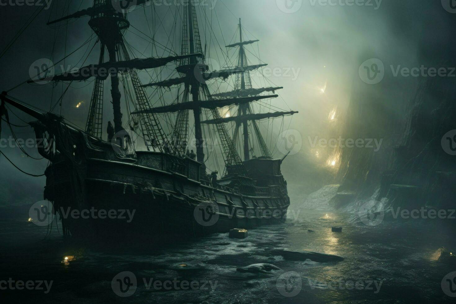 AI generated Cursed ghost ships, forever sailing the seas with ghostly crews seeking redemption - Generative AI photo