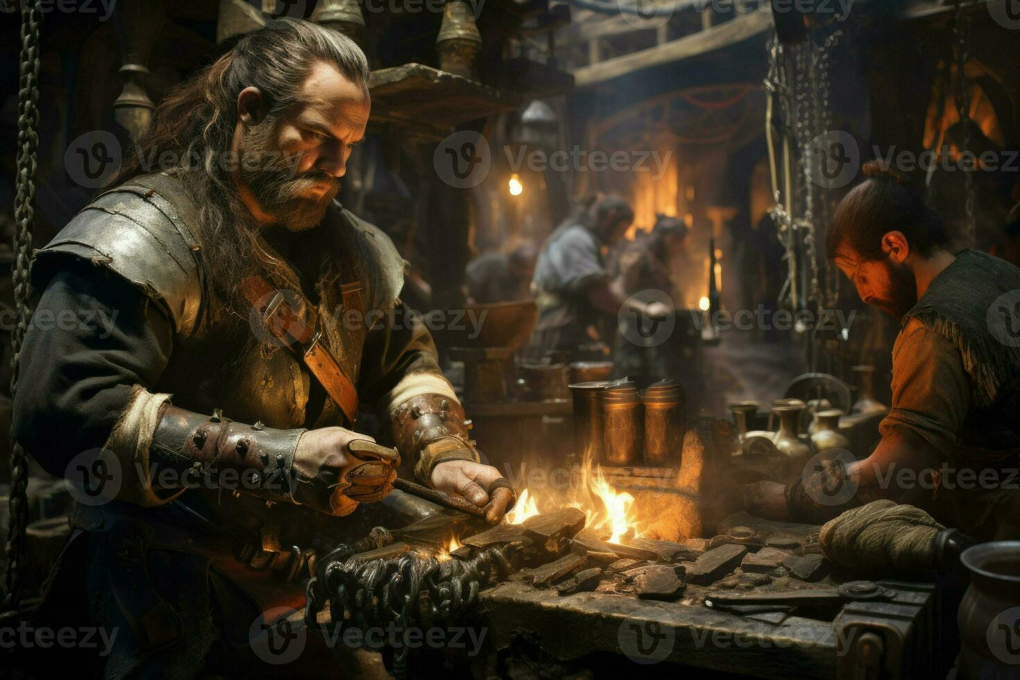 AI generated Loyal dwarven blacksmiths crafting mighty weapons - Generative AI photo