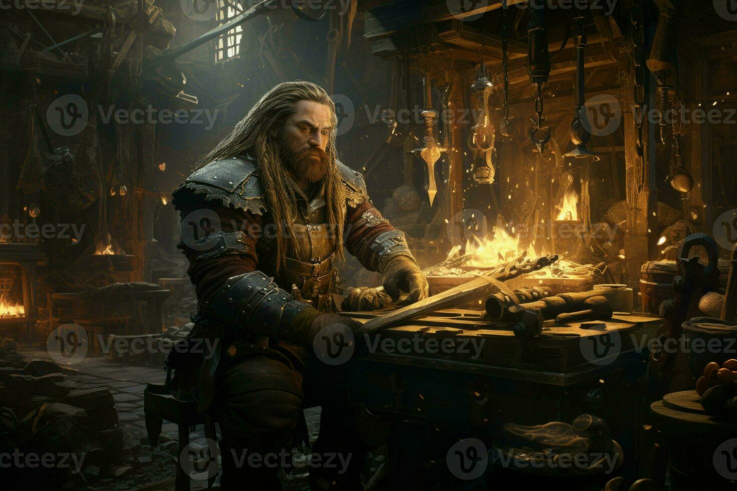 AI generated Loyal dwarven blacksmiths crafting mighty weapons - Generative AI photo