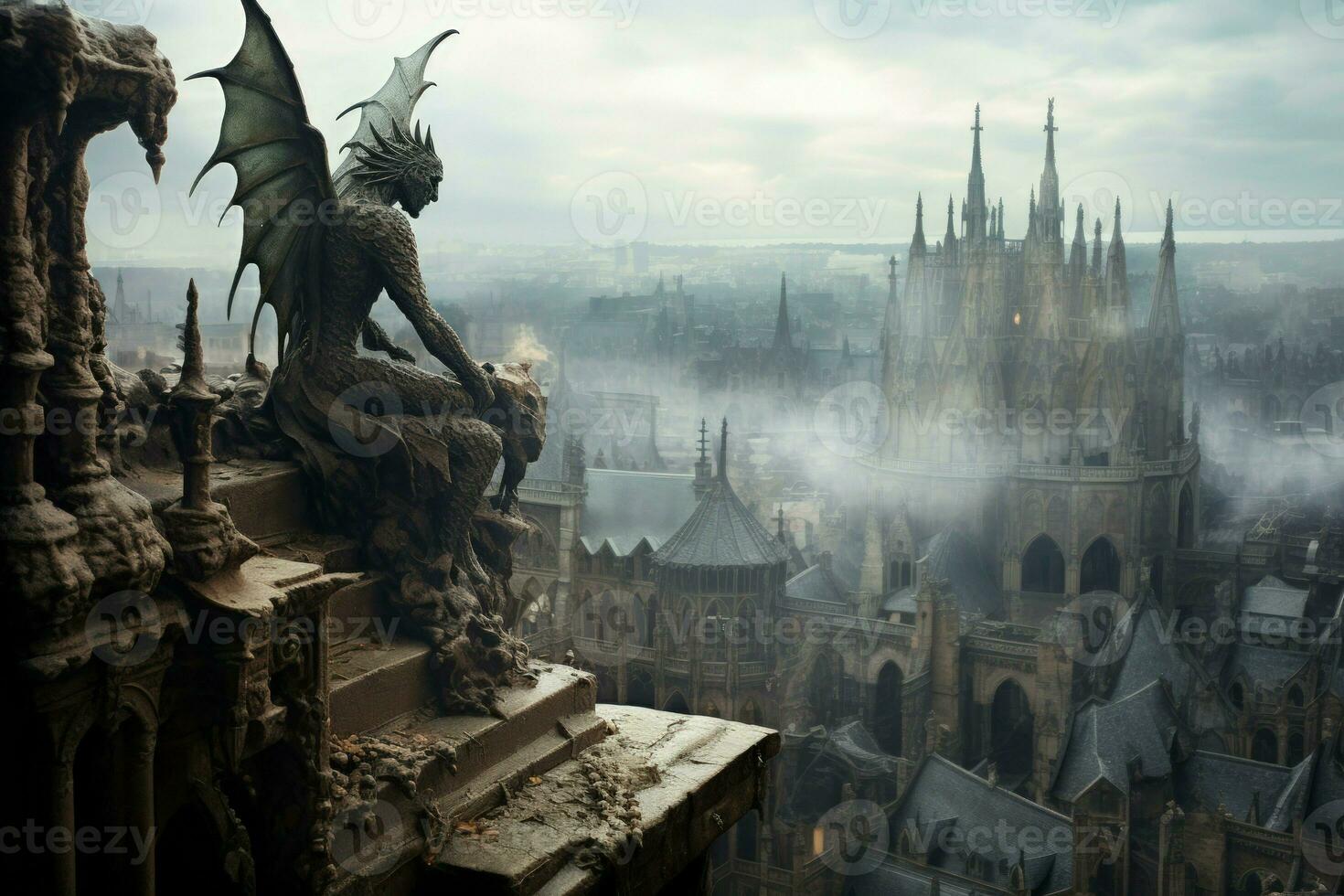 AI generated Ornate gothic gargoyles, perched atop ancient cathedrals, watching over the city below - Generative AI photo