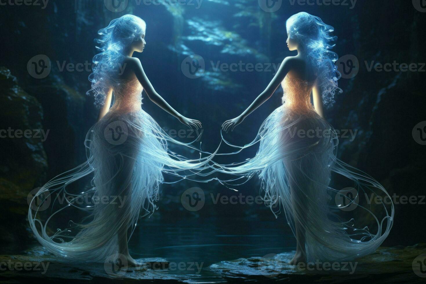 AI generated Ethereal mermaids with flowing sapphire tails - Generative AI photo