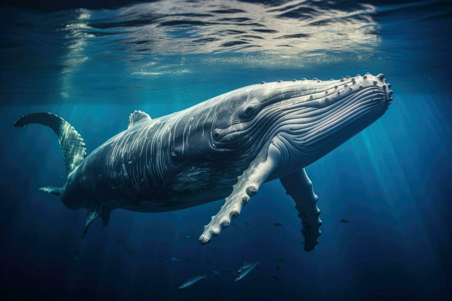 AI generated Whale swimming in the Blue Ocean, Underwater scene. 3d render, Sperm whale swimming underwater, AI Generated photo