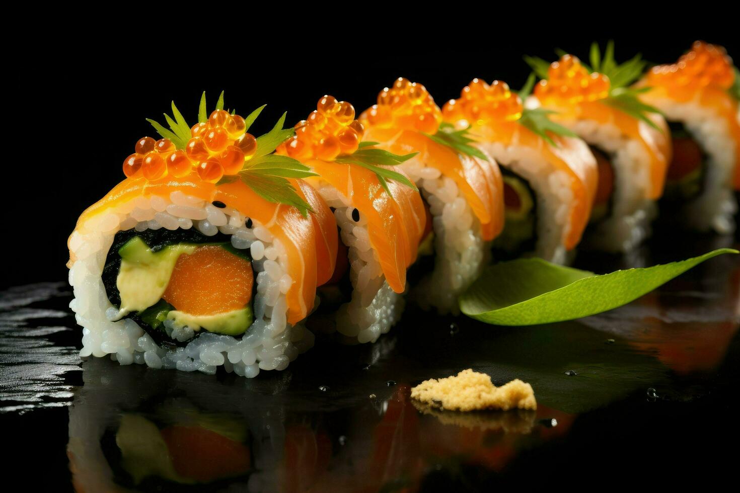 AI generated Sushi roll with salmon caviar and cucumber, Artistic recreation of sushi rolls with salmon and white rice with a punctual light, Ai generated photo