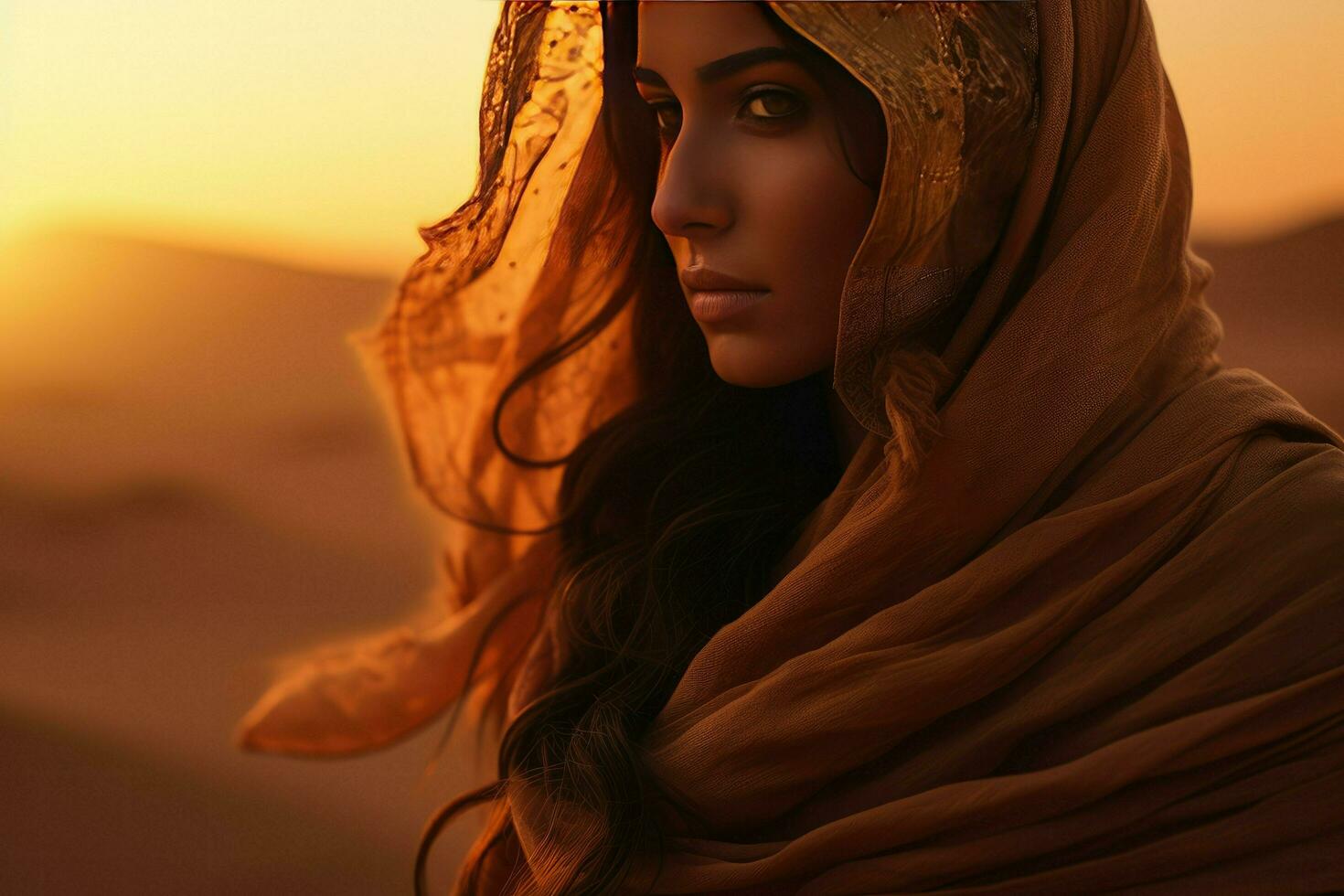 AI generated Portrait of a young Arabic woman in a hijab in the desert against the sunset, Arabian women face the sunset Ai generated photo