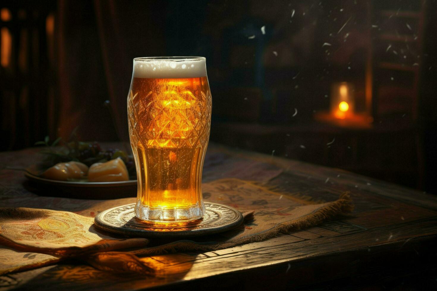 AI generated A glass of beer on a wooden table at night, A glass of beer on a Wooden table. Ai generated photo