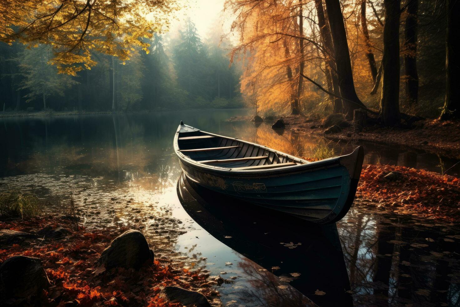 AI generated Wooden boat on a tranquil lake ,canoe on the lake in the autumn forest. Beautiful landscape Ai generated photo