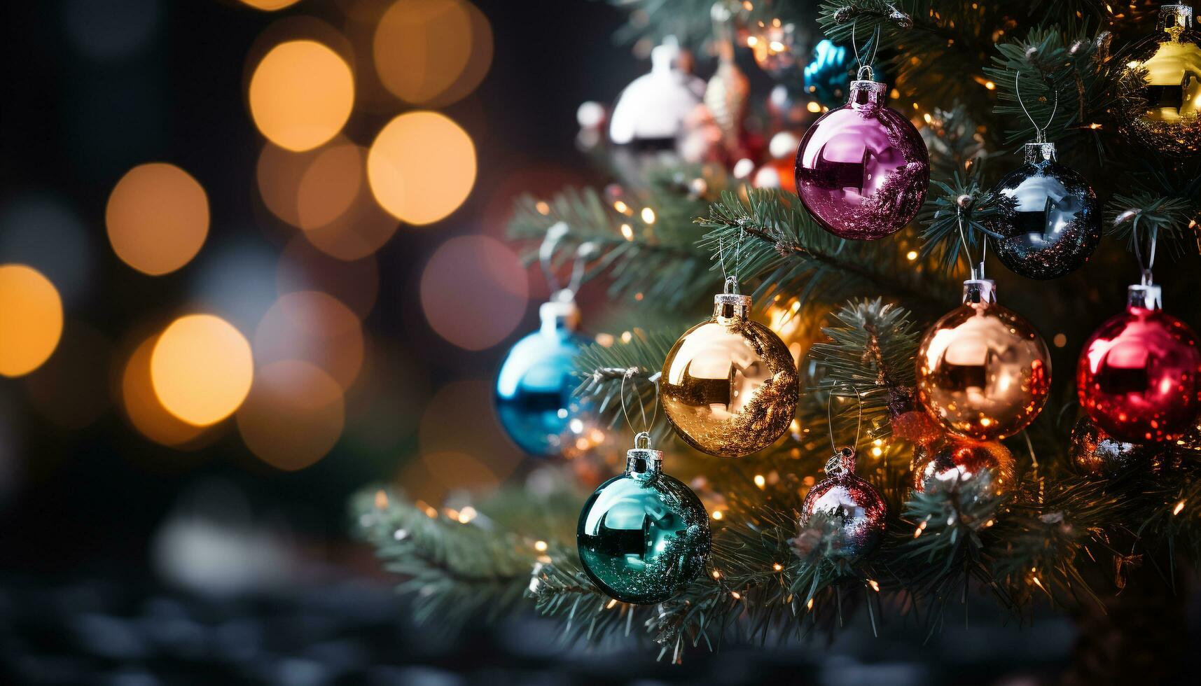AI generated Christmas tree decorated with shiny ornaments and glowing lights generated by AI photo