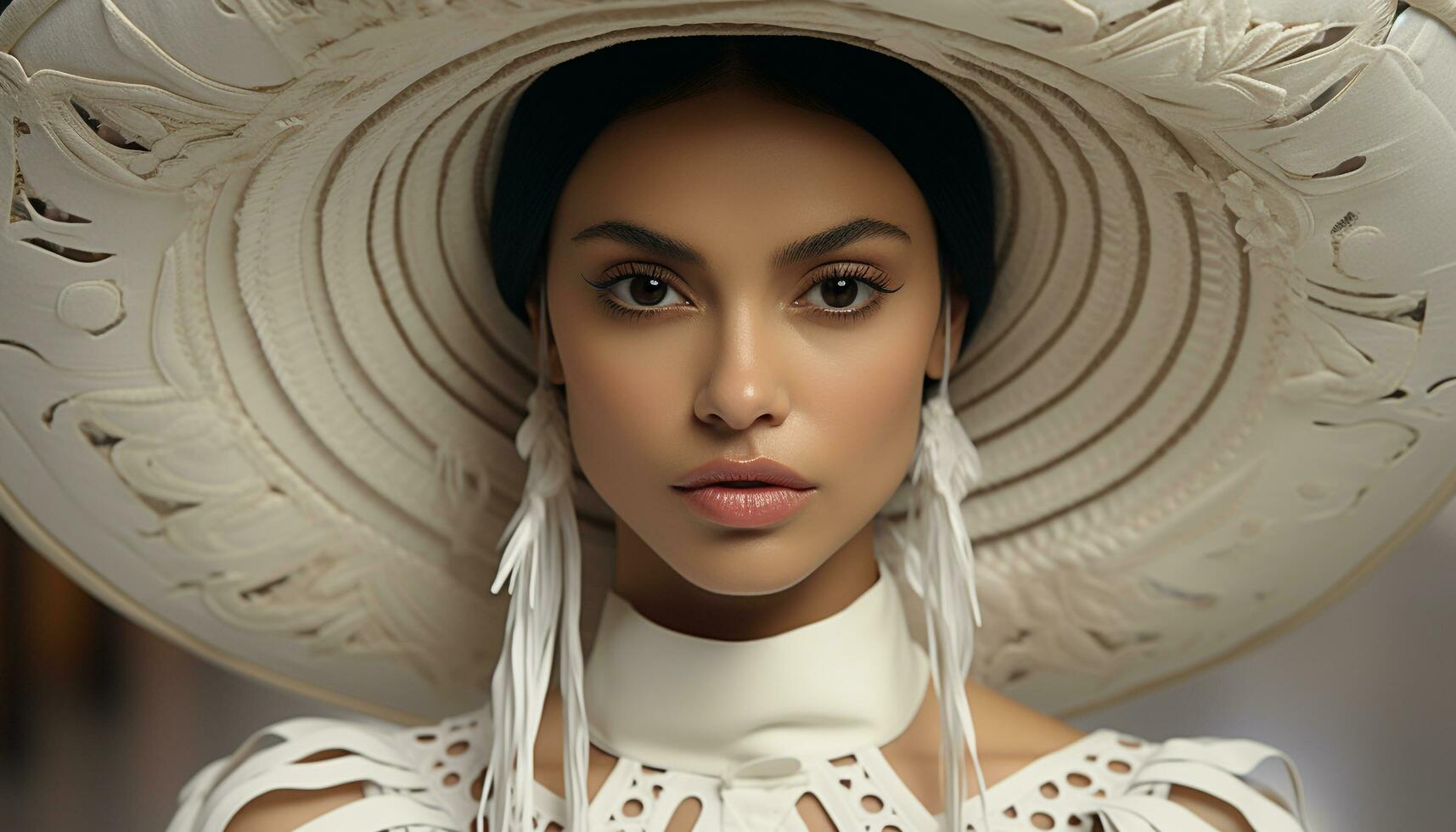 AI generated A beautiful young woman in fashionable clothing, looking confidently at the camera, wearing a straw hat, exuding elegance and relaxation generated by AI photo
