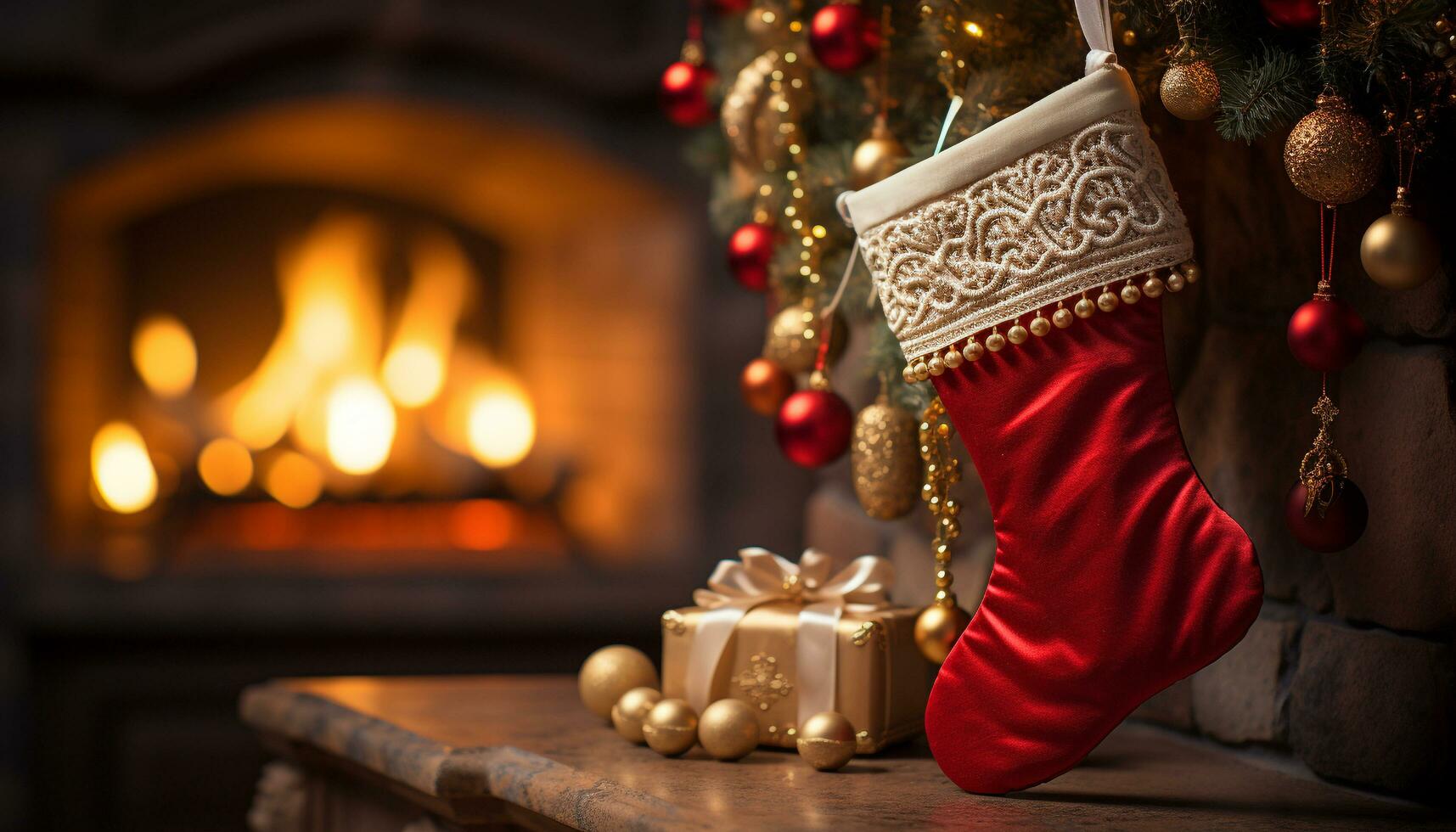AI generated Cozy winter celebration gift filled stockings hang by the glowing fire generated by AI photo