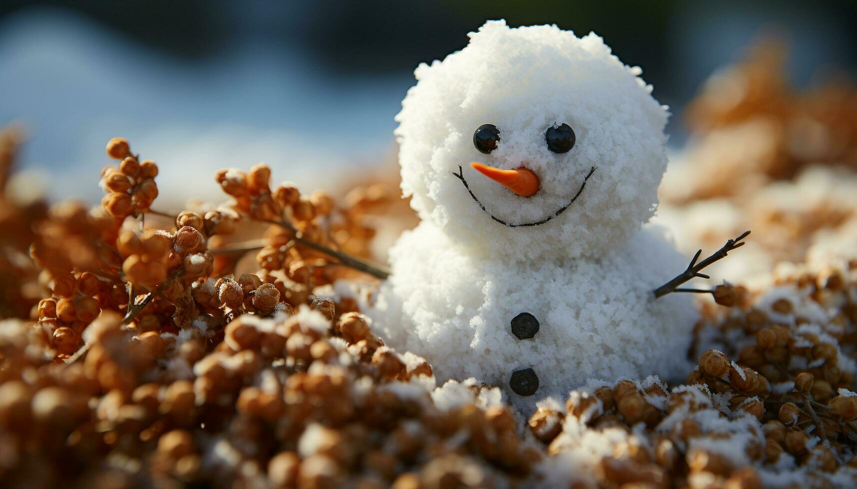 AI generated Cheerful snowman smiling, winter joy in nature snowy celebration generated by AI photo