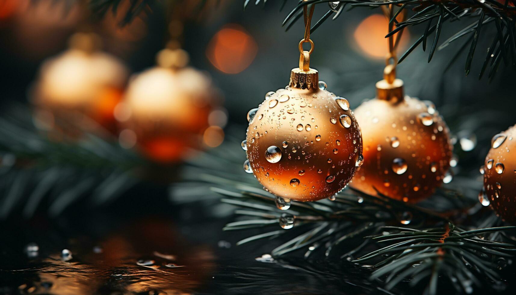 AI generated Christmas tree decorated with shiny gold ornaments and glowing lights generated by AI photo
