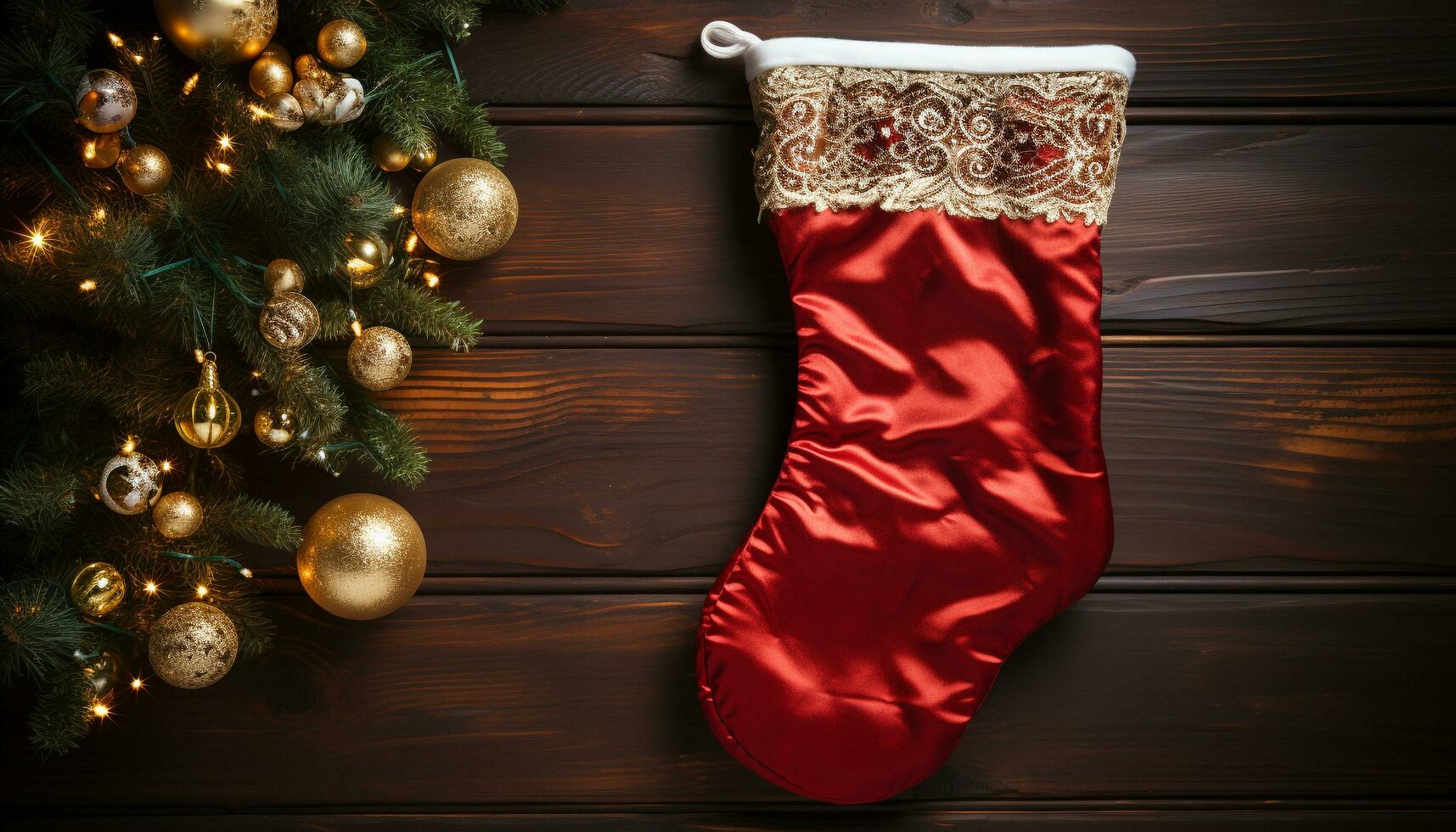 AI generated Christmas stocking hanging on a wooden tree, winter celebration generated by AI photo