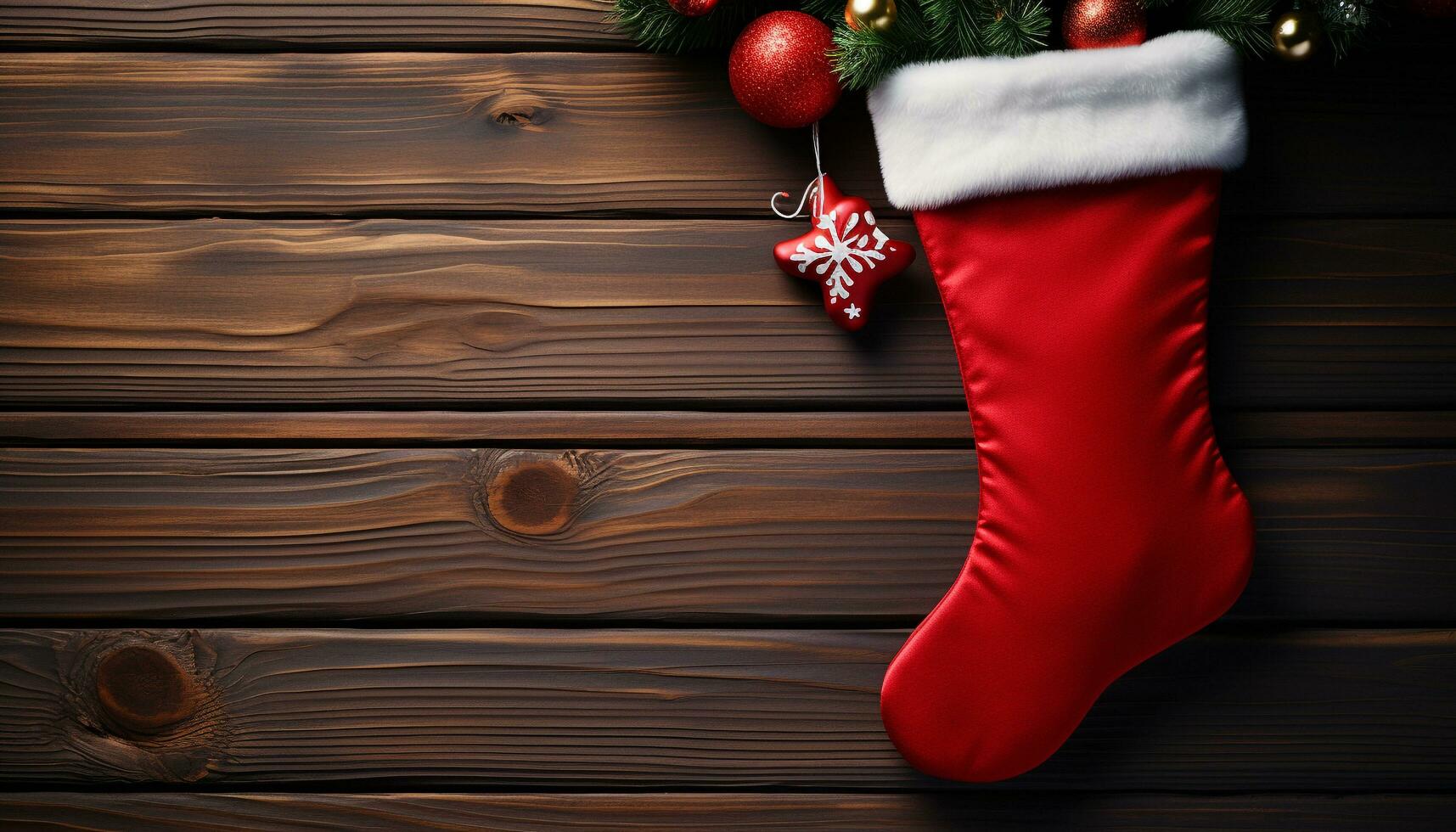 AI generated Christmas tree decoration hanging on wooden plank background generated by AI photo