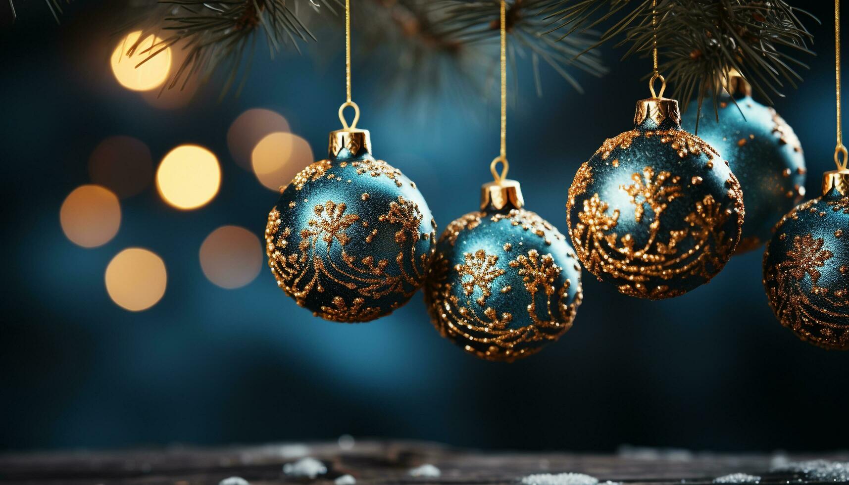 AI generated Christmas tree decorated with shiny gold ornaments and glowing lights generated by AI photo