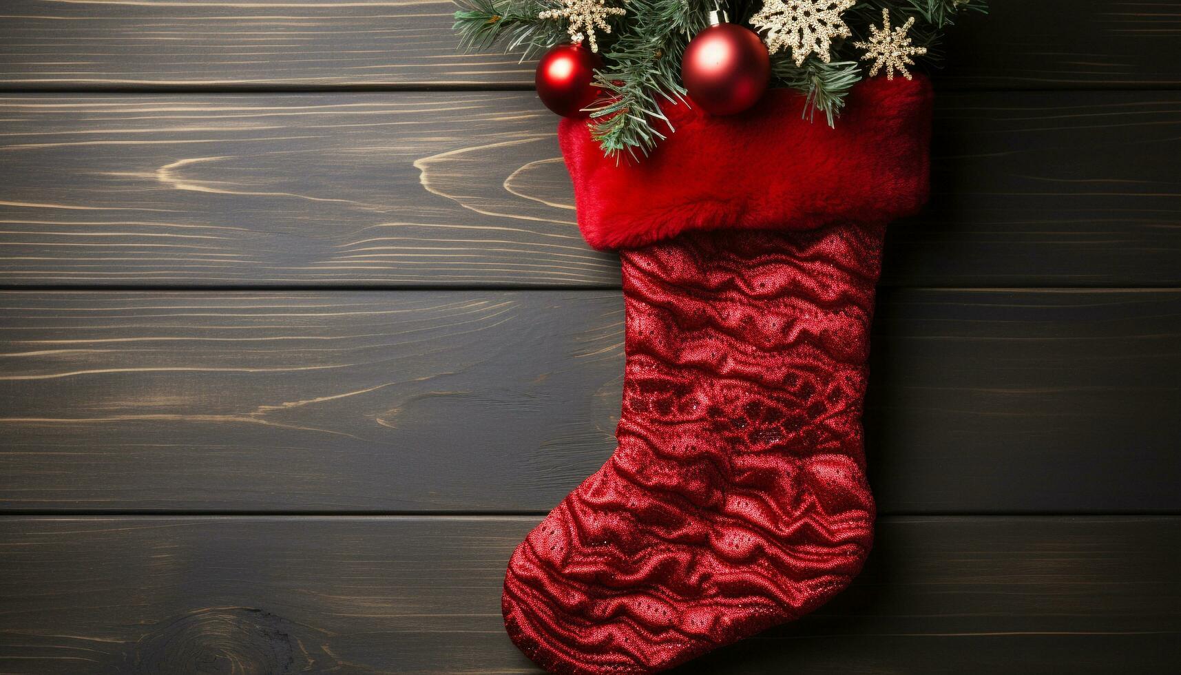 AI generated Winter celebration Christmas decoration on rustic wooden table generated by AI photo