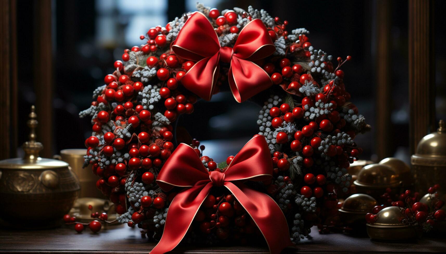 AI generated Christmas decoration gift on wooden table, illuminated with Christmas lights generated by AI photo