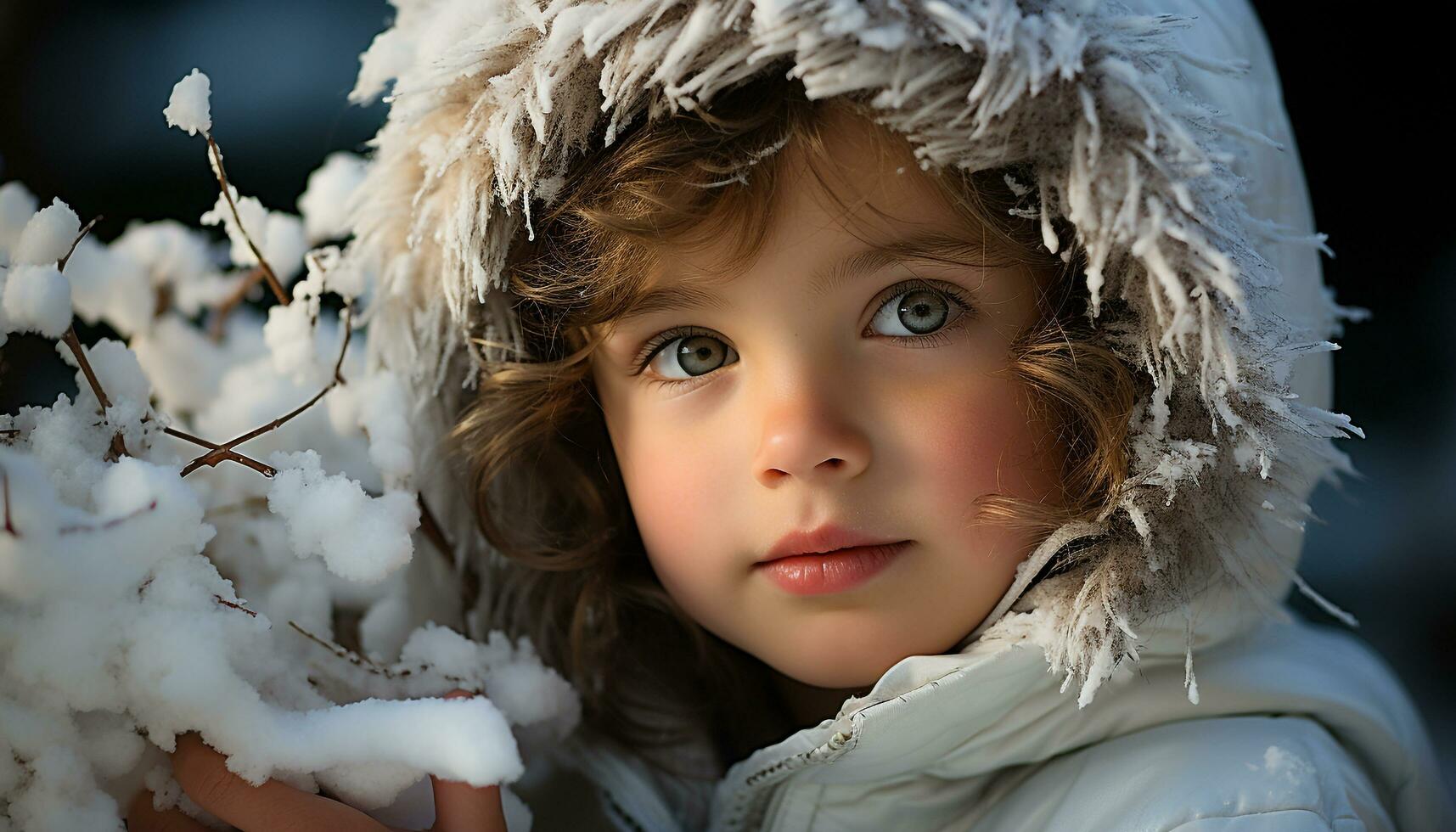 AI generated Cute Caucasian child smiling, playing in winter snow outdoors generated by AI photo