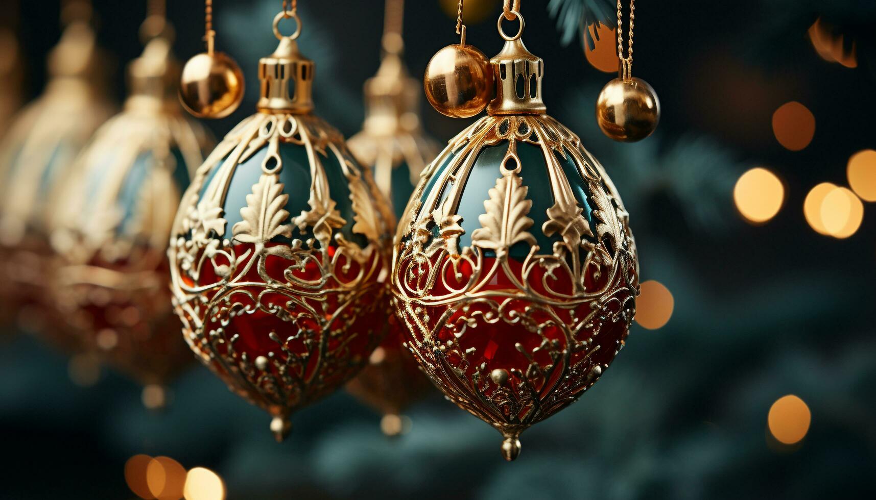 AI generated Christmas ornament hanging on tree, glowing with gold decoration generated by AI photo